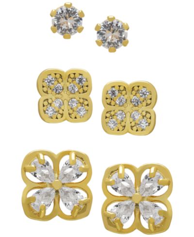 Macy's 3-Pc. Cubic Zirconia (1.32 ct. t.w.) Triple Floral Stud Earrings Set