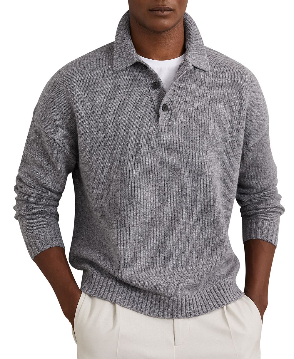 REISS Men's Jacob Wool-Blend Half-Button Relaxed-Fit Drop-Shoulder Polo Sweater