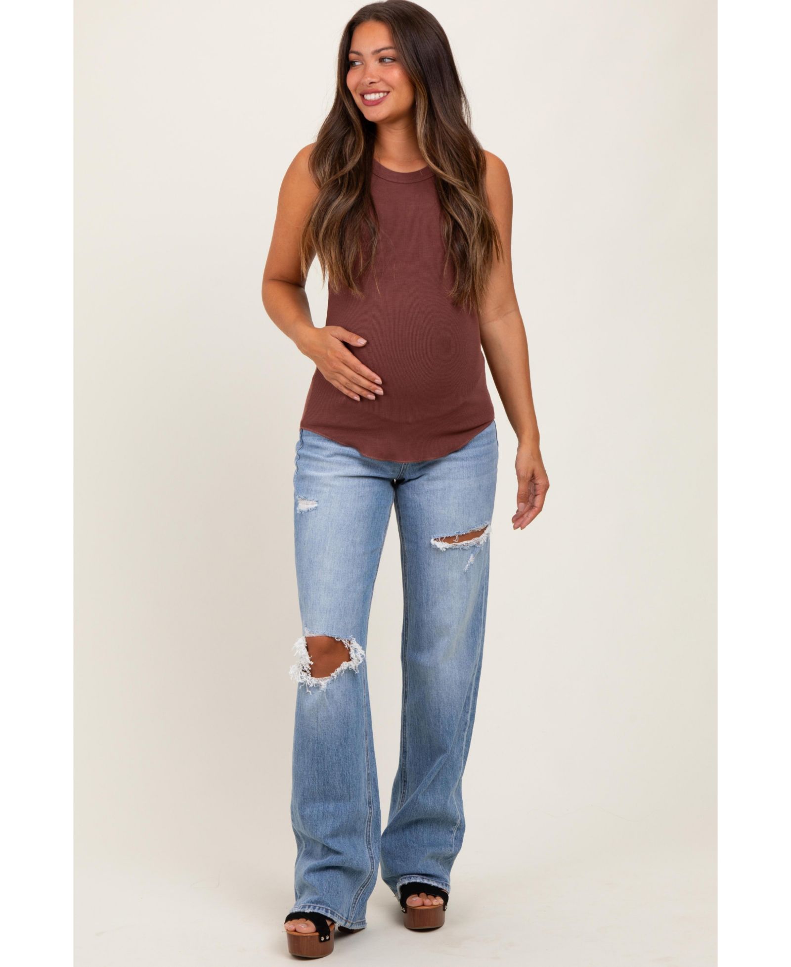 Pinkblush Women's Light Blue Distressed Open Knee Straight Leg Jeans