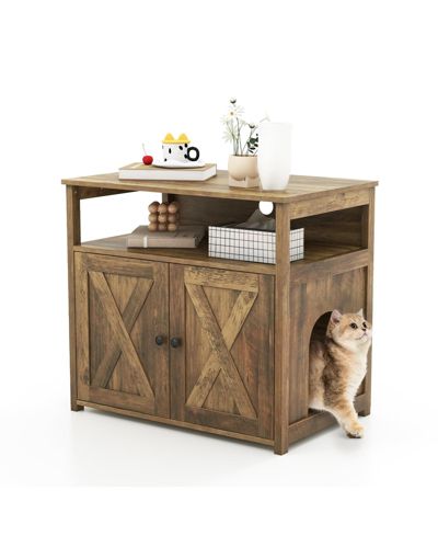 SKONYON Cat Litter Box Enclosure with Double Barn Doors, Divider, Side Entry and Storage Shelf