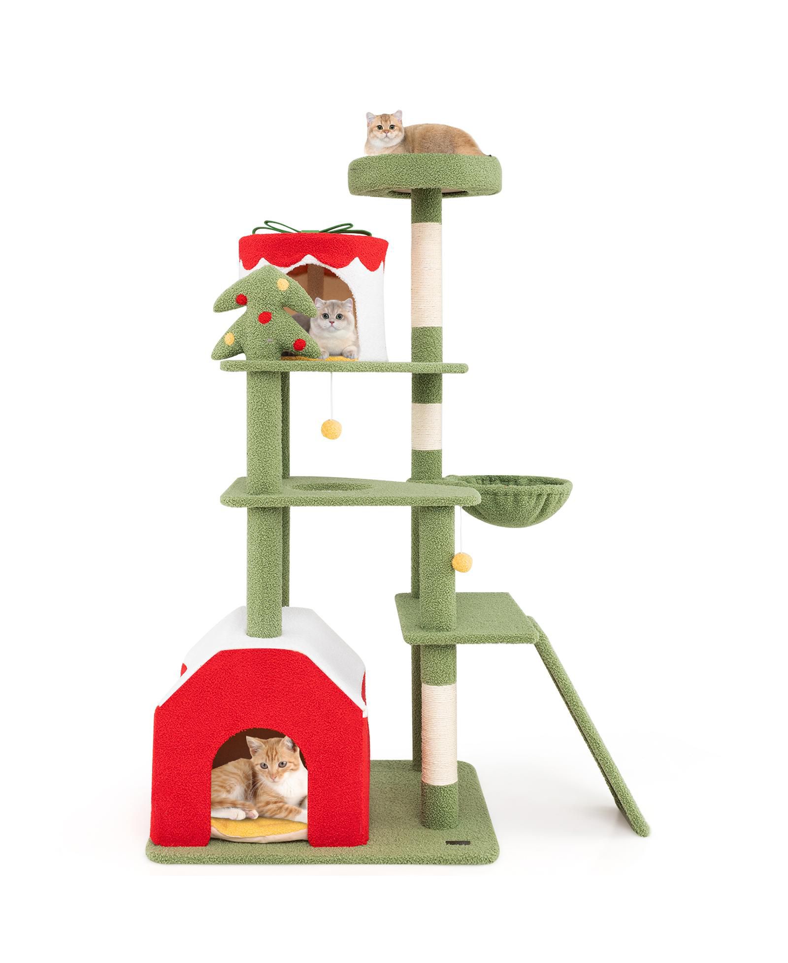 SKONYON 61 Inches Cute Christmas Cat Tree with Sisal Scratching Posts and 2 Condos