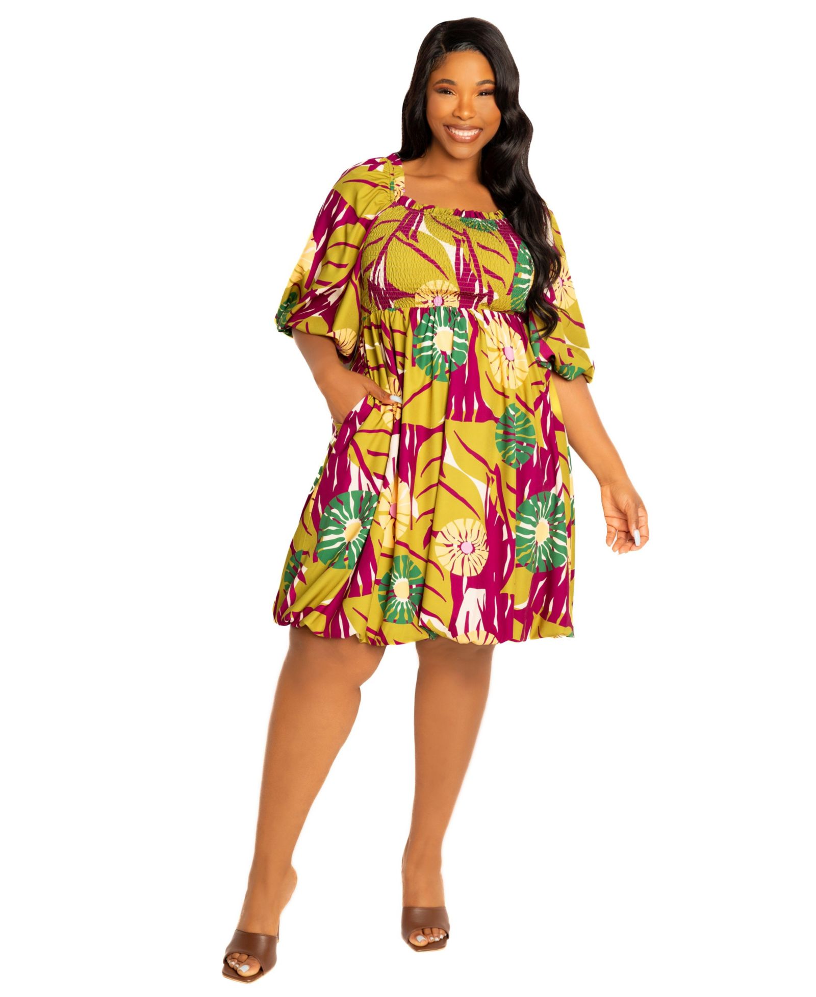 Buxom Couture Plus Size Print Smocked Puff Sleeve Bubbled Dress