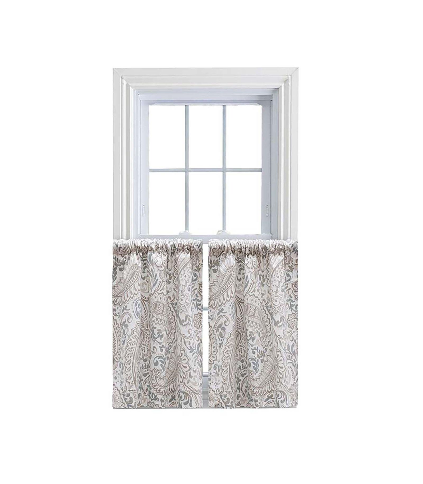 Ellis Shannon Printed Paisley Pattern on Cotton Fabric Tailored Tiers 1.5" Rod Pocket Natural
