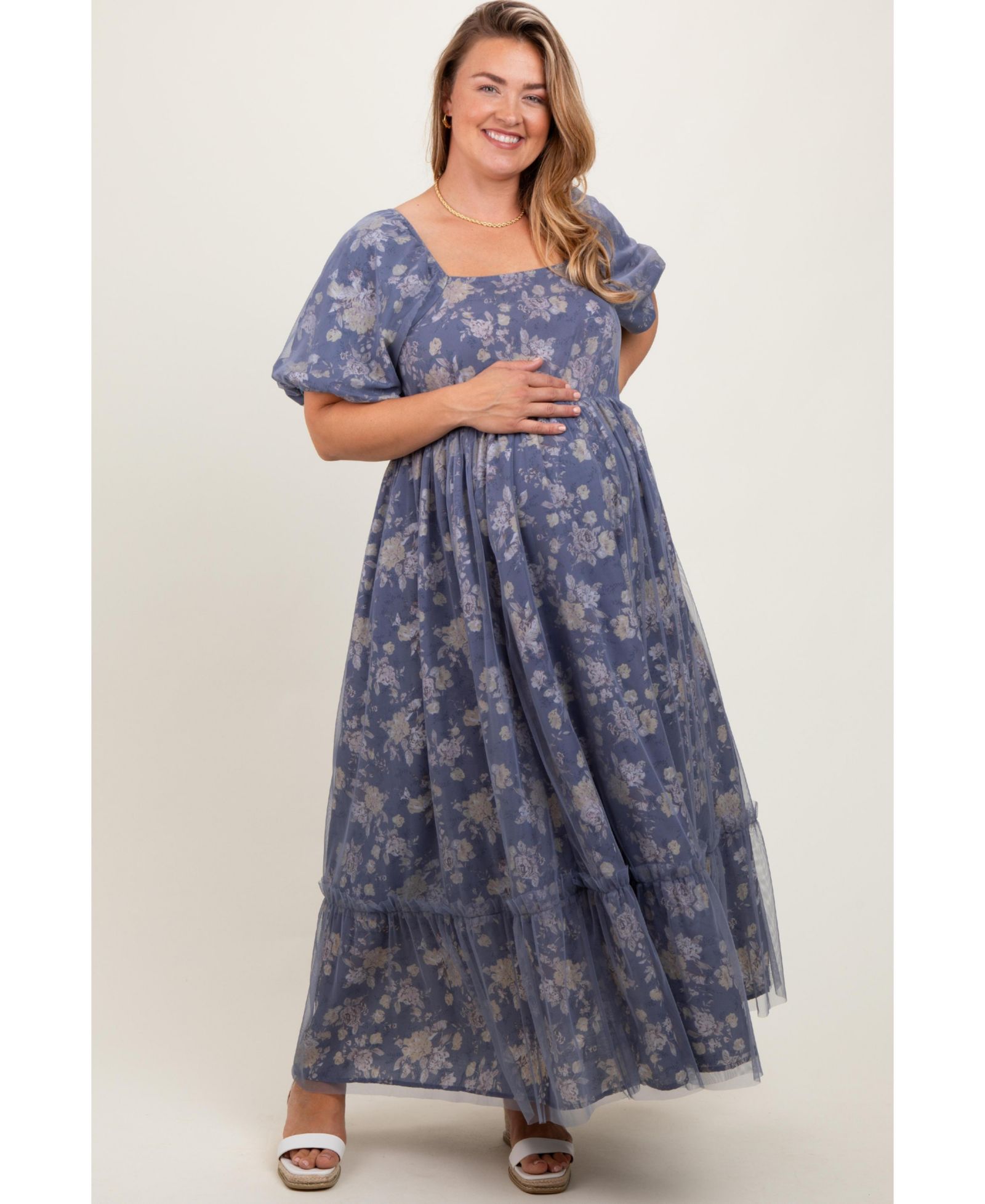 Женское платье Pinkblush Maternity Floral Mesh Square Neck Short Puff Sleeve Midi