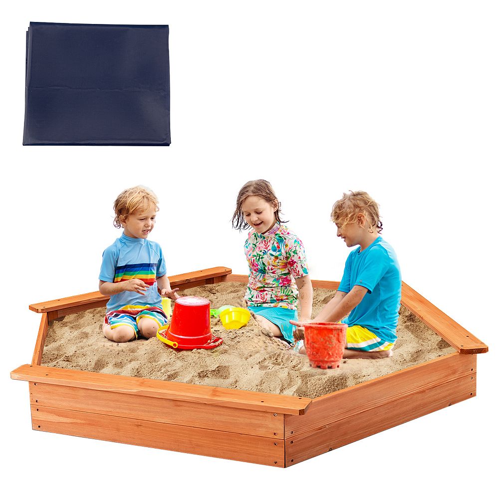 Sugift Hexagon Cedar Sandbox With Seat Boards, 800-lb Capacity, Ages 3+