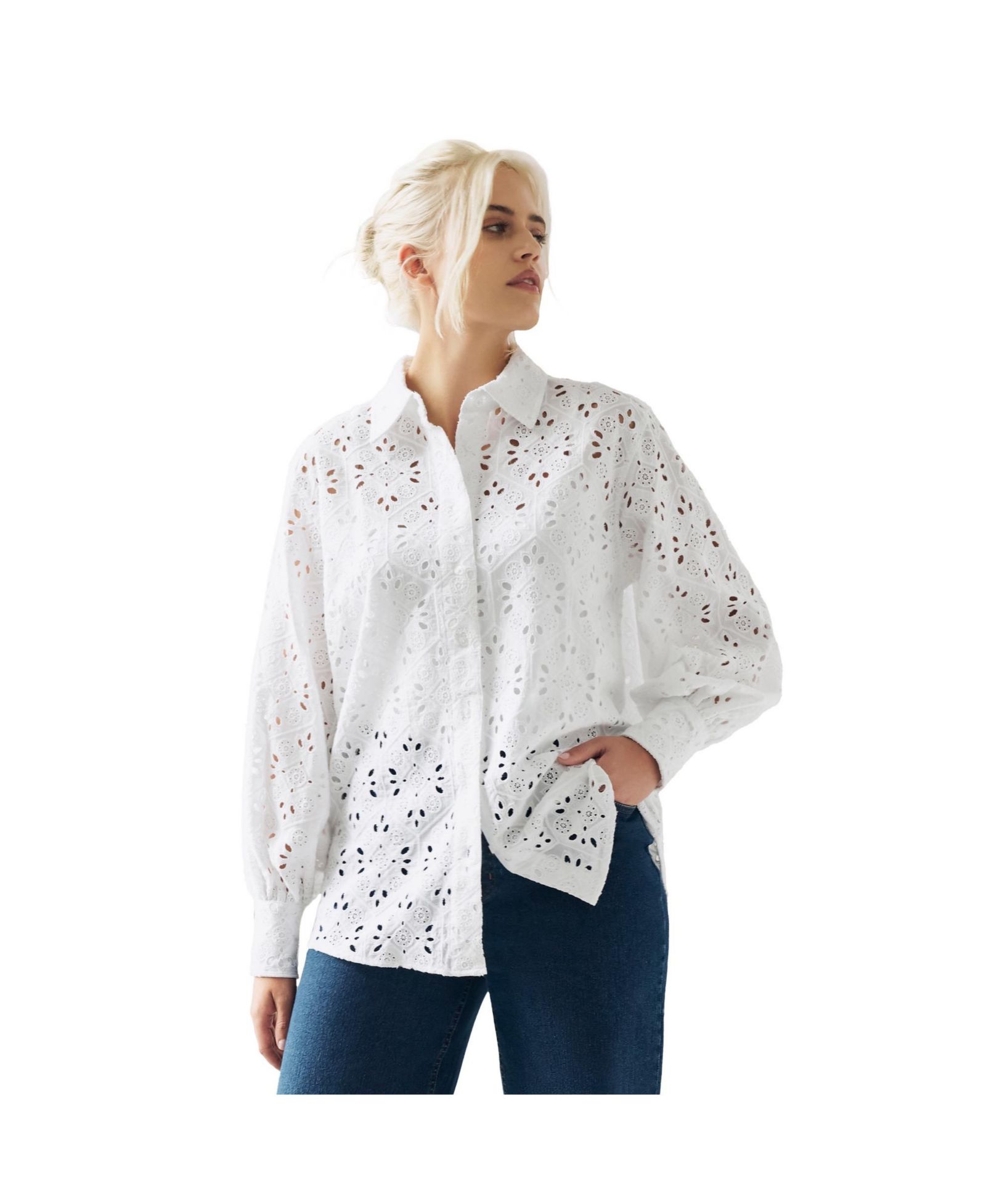 ellos Plus Size Eyelet Button Front Shirt With Blouson Sleeves