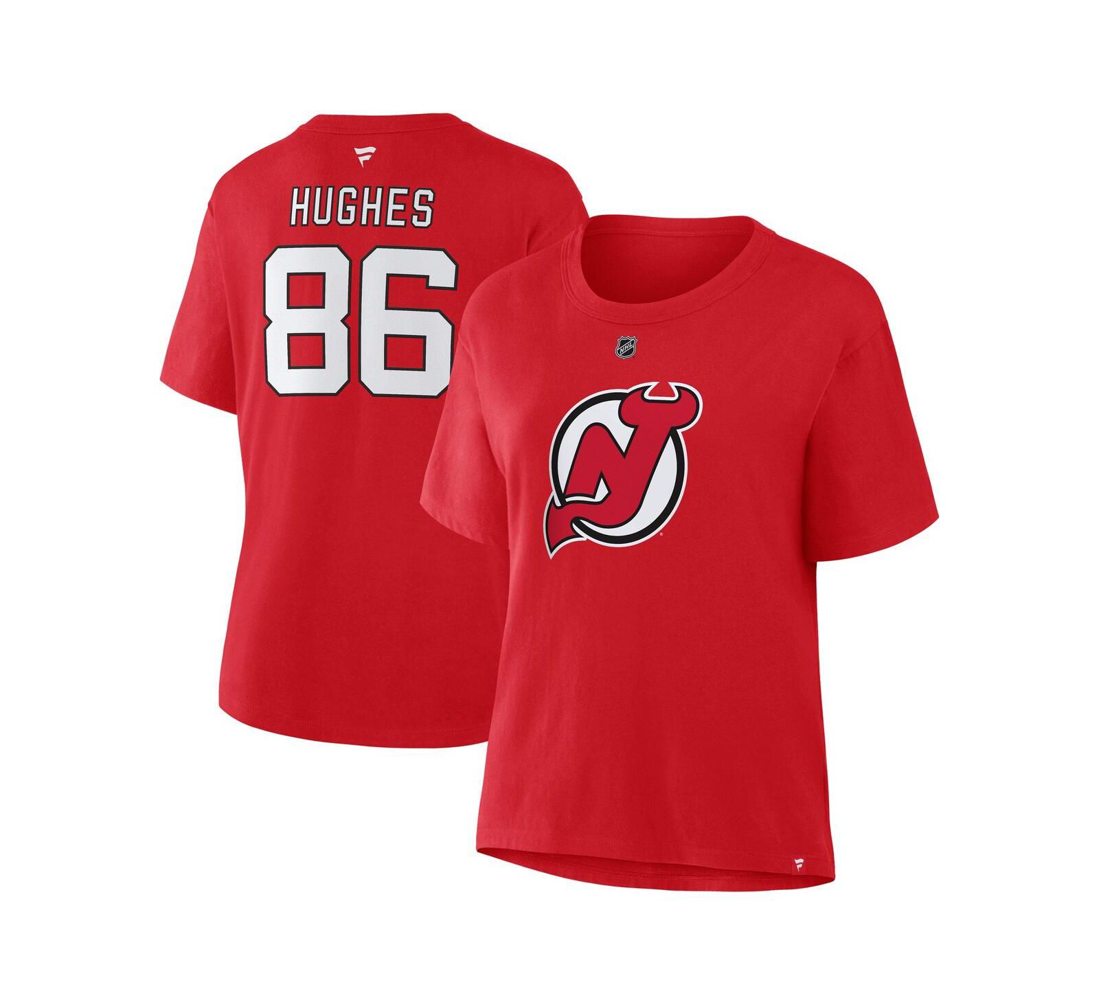 Женская футболка Fanatics Jack Hughes Red New Jersey Devils Authentic Stack Name & Number