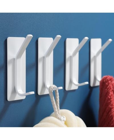 Towel Hooks/Adhesive Hooks - Heavy Duty Wall Hooks Stainless Steel Robe/Coat Towel Hooks for Bathroom and Bedroom, White 4-Packs