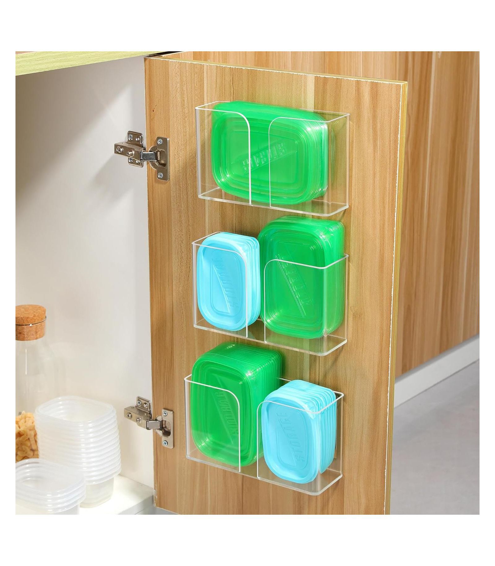 YIGII 3 Pack Acrylic Cabinet Door Organizer, Kitchen Storage for Tupperware Lid, Wall Mounted Clear Bins for Pantry