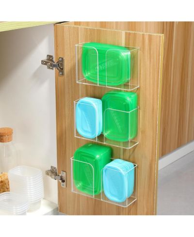 YIGII 3 Pack Acrylic Cabinet Door Organizer, Kitchen Storage for Tupperware Lid, Wall Mounted Clear Bins for Pantry