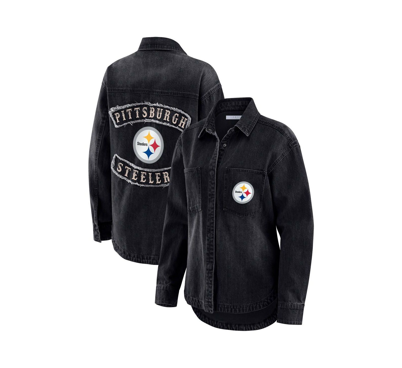 Женская джинсовая куртка WEAR by Erin Andrews Black Pittsburgh Steelers Washed Oversized Denim Full-Snap Shacket