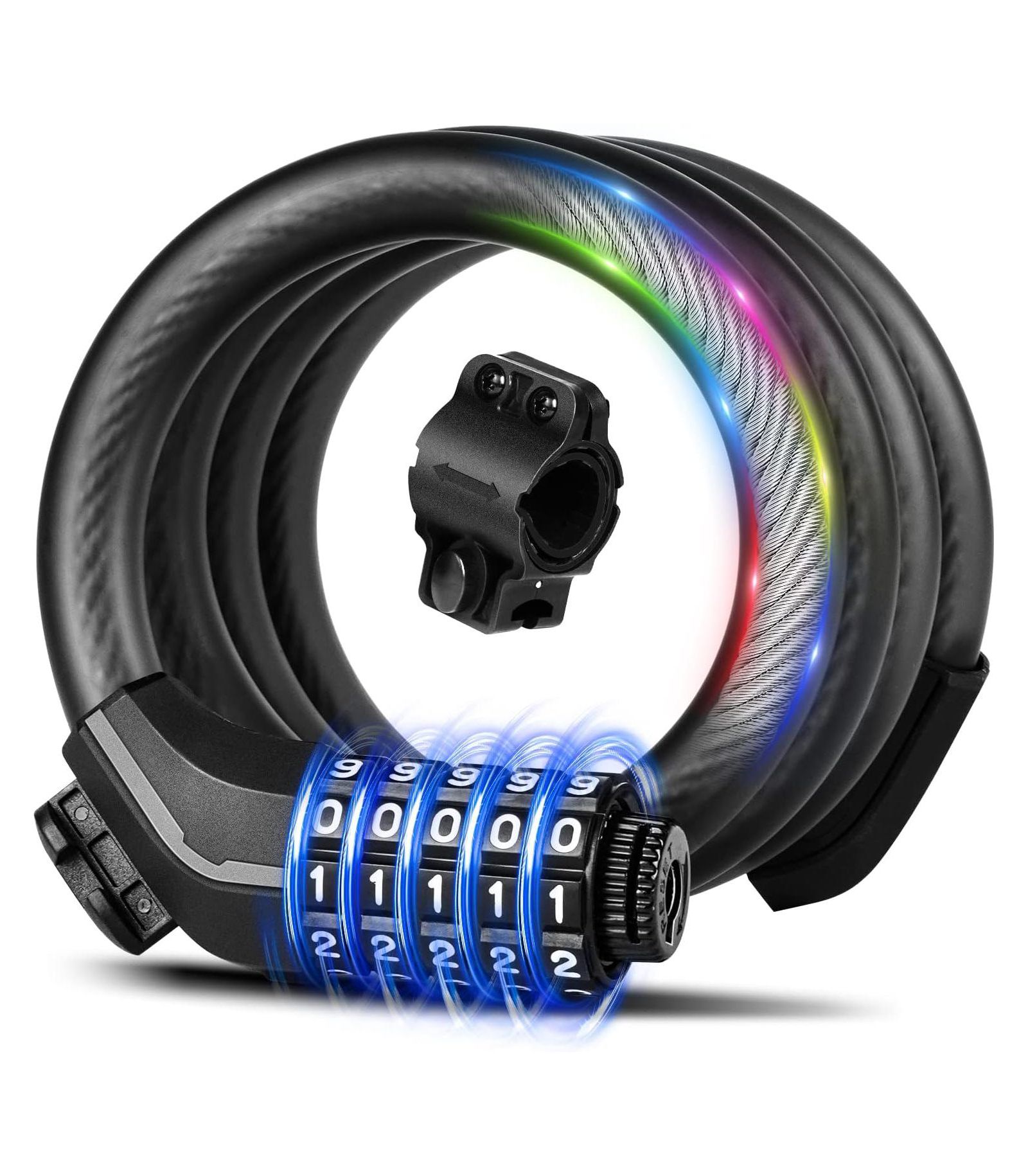 BATFOX Combination Bike Lock Cable, High Security 5-Digit Resettable Anti-Theft Lock with Mounting Bracket for Bikes and Scooters - Jet Black, 15mm
