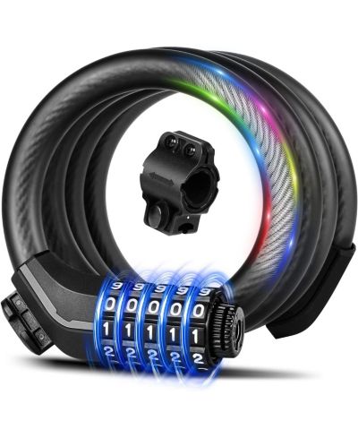 BATFOX Combination Bike Lock Cable, High Security 5-Digit Resettable Anti-Theft Lock with Mounting Bracket for Bikes and Scooters - Jet Black, 15mm