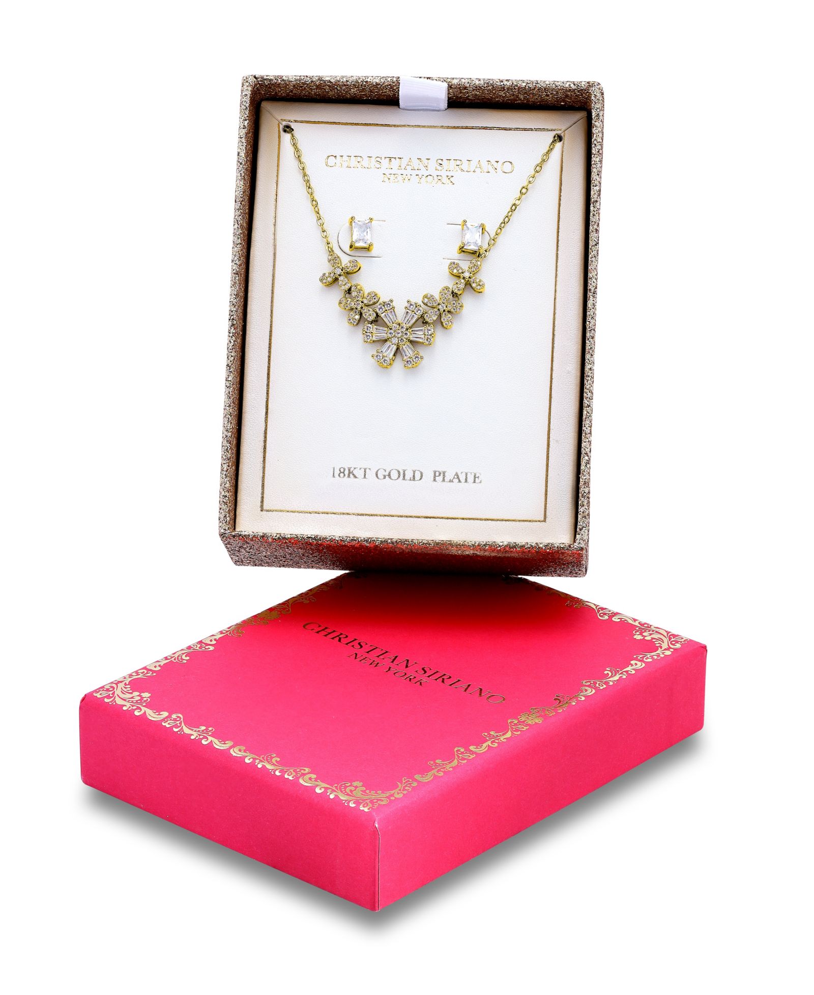 Christian Siriano New York Cubic Zirconia Baguette Round Cut Stones Floral Design Frontal Necklace and Earrings Set