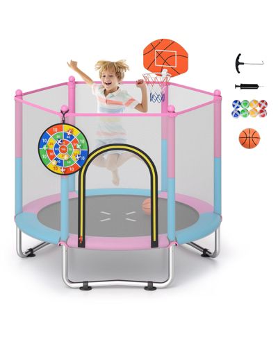 60 Inch Kids Trampoline with Basketball Hoop Removable Dartboard and Safety Enclosure Net