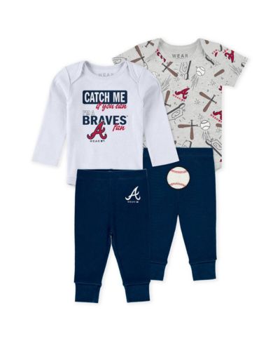 Комплект WEAR by Erin Andrews для детей (мальчиков и девочек): 3-piece Heather Gray/White/Navy Atlanta Braves Bodysuits and Pants