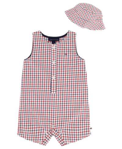 Tommy Hilfiger Baby Boys' Seersucker Check Sunsuit and Bucket Hat, 2-Piece Set