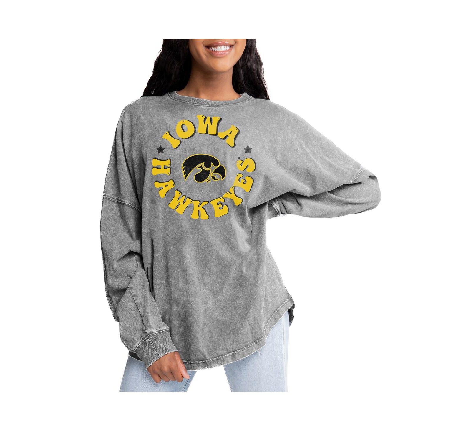 Gameday Couture Women's Gray Iowa Hawkeyes Playing Around Faded Wash Oversized Long Sleeve T-Shirt
