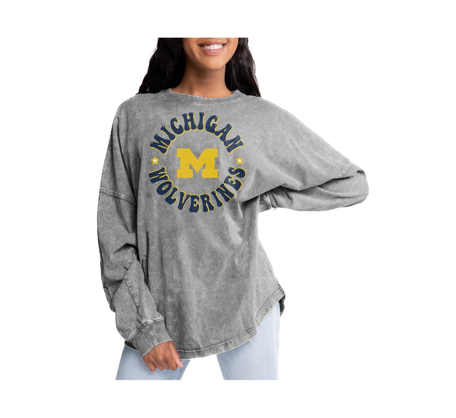 Gameday Couture Women's Gray Michigan Wolverines Playing Around Faded Wash Oversized Long Sleeve T-Shirt