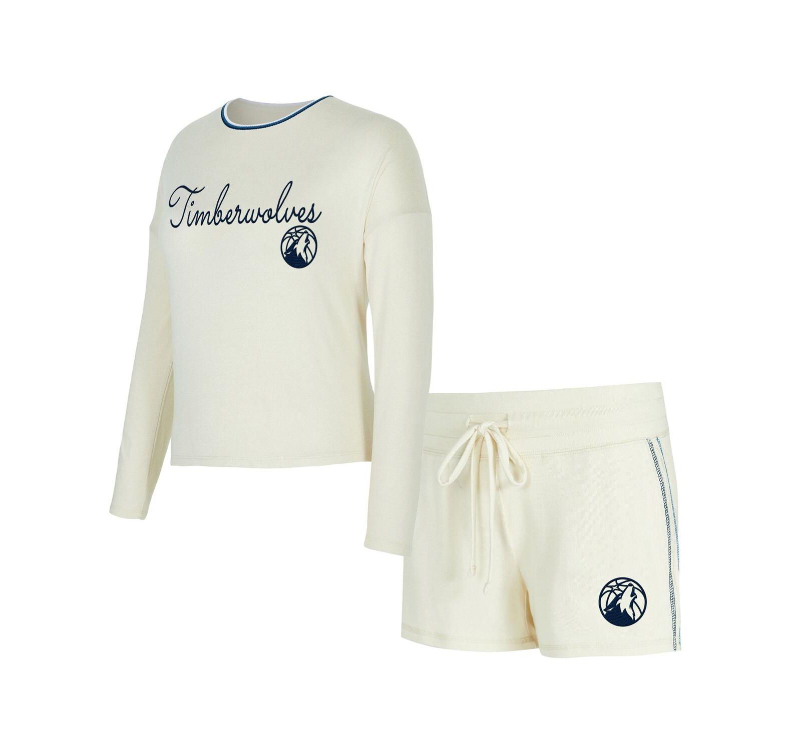 Concepts Sport Women's 2-Piece Cream Minnesota Timberwolves Kaki Hacci Knit Long Sleeve Top and Shorts Set