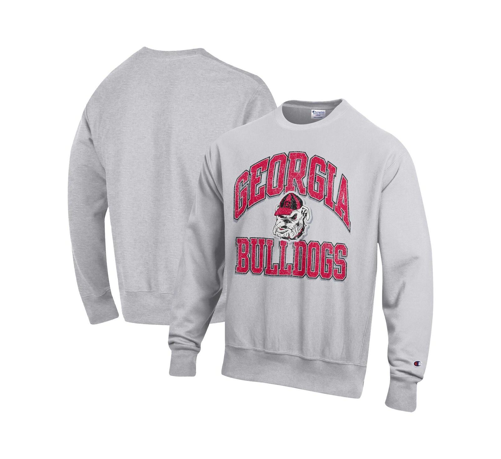 Champion Men's Gray Georgia Bulldogs Distressed Arch Over Logo Reverse Weave Crew Neck Sweatshirt
