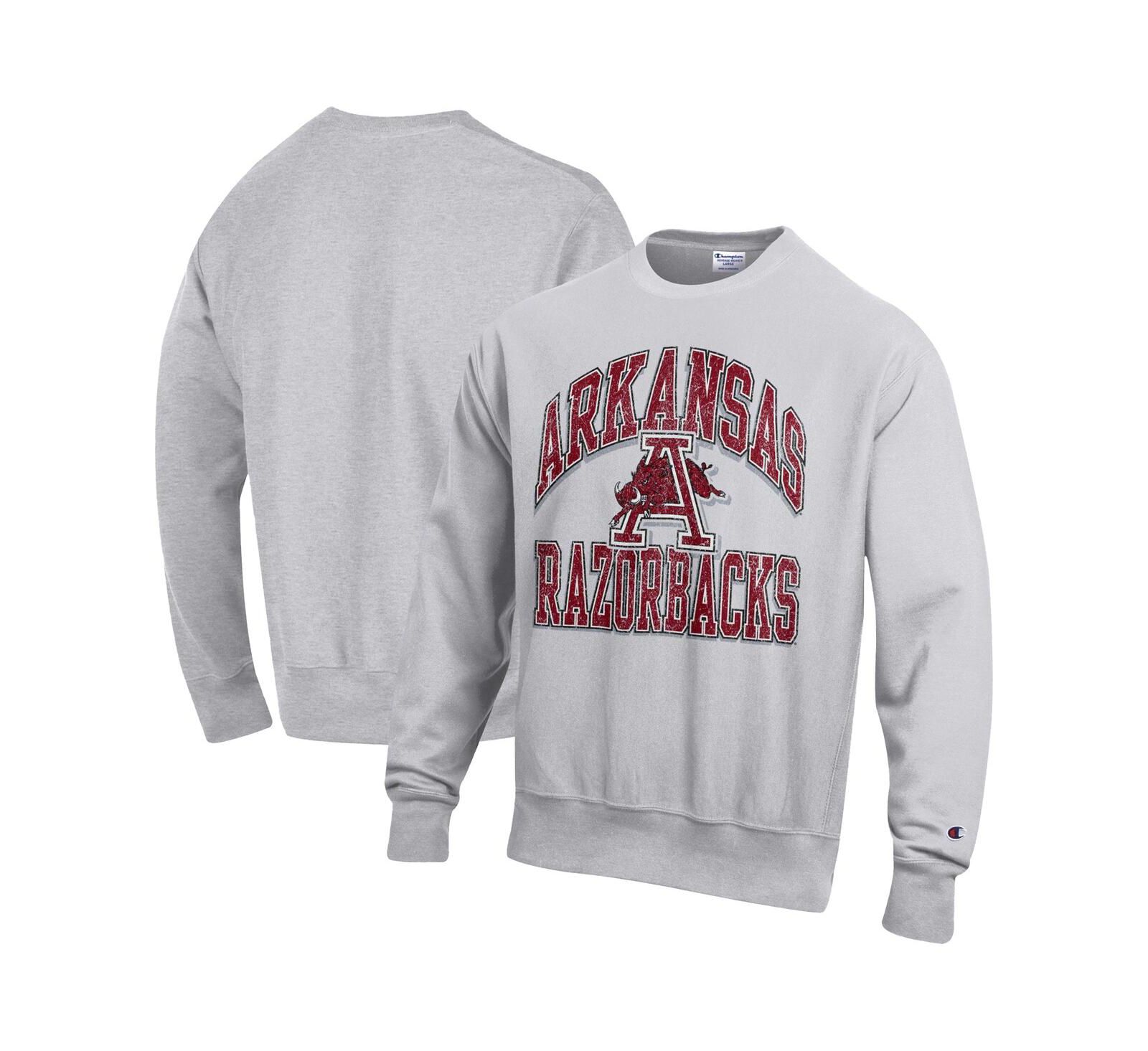 Мужская толстовка Champion Gray Arkansas Razorbacks Distressed Arch Over Logo Reverse Weave Crew Neck