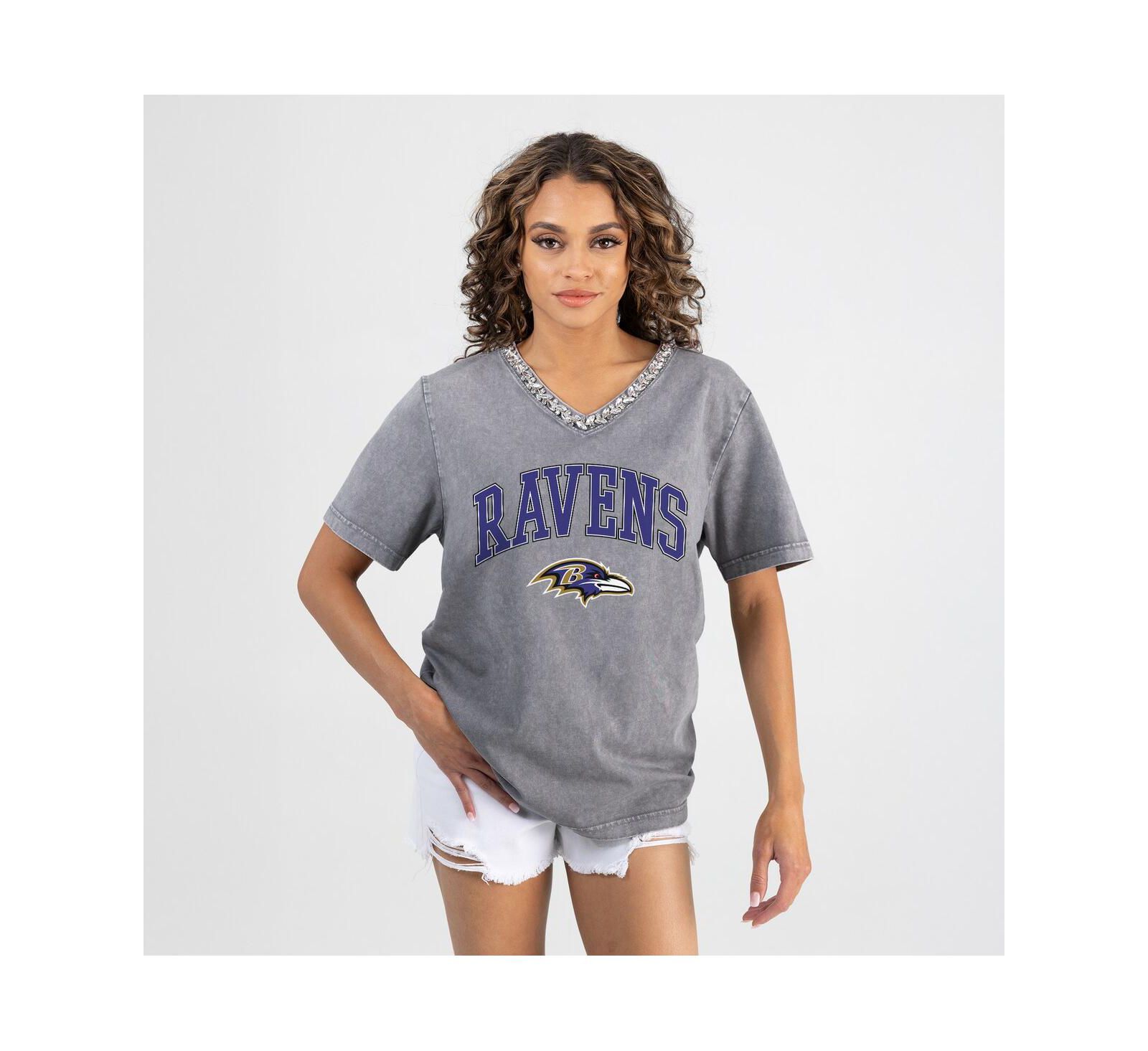 Gameday Couture Women's Gray Baltimore Ravens Relaxed Iconic Edge Rhinestone V-Neck T-Shirt