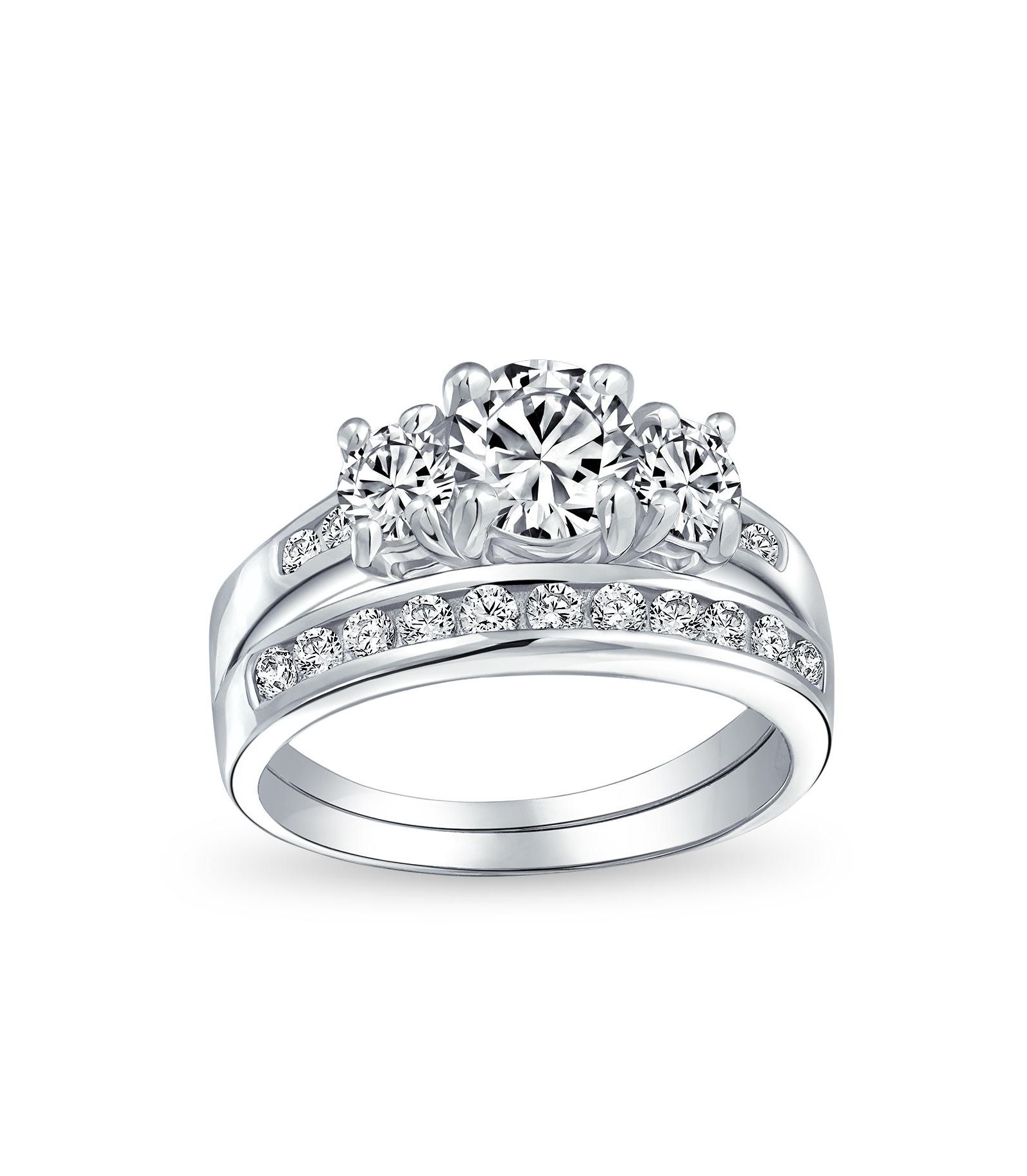 Bling Jewelry Classic 3CT Round 3 Stone CZ Past Present Future Solitaire Engagement Ring Set Band Sterling Silver