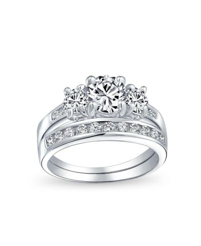 Bling Jewelry Classic 3CT Round 3 Stone CZ Past Present Future Solitaire Engagement Ring Set Band Sterling Silver