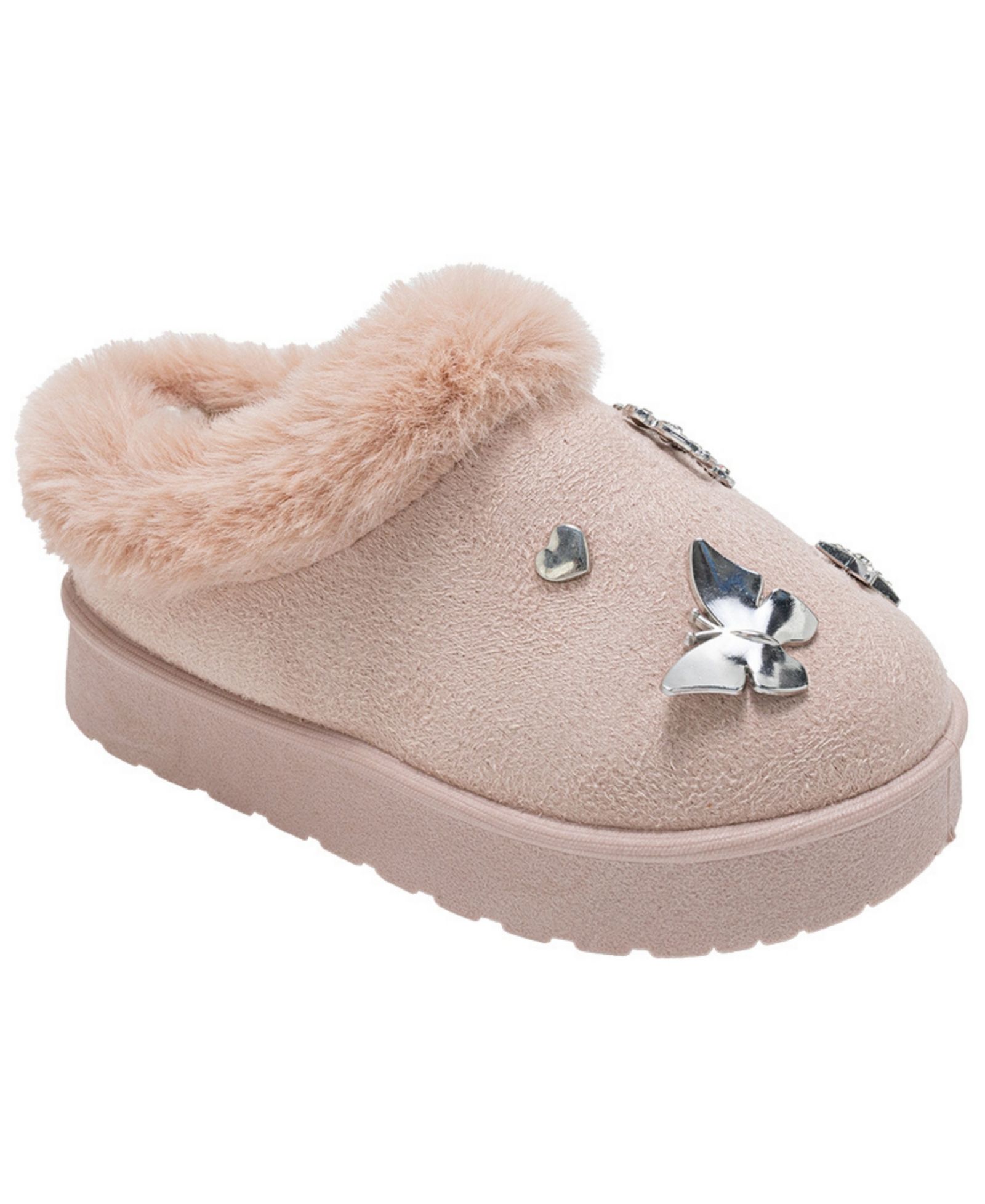 Bebe Toddler Girls Faux Fur Slipper with Metallic Butterfly Embellishments
