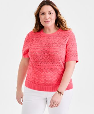 Style & Co Plus Size Cotton Pointelle Short-Sleeve Sweater, Macy's Exclusive