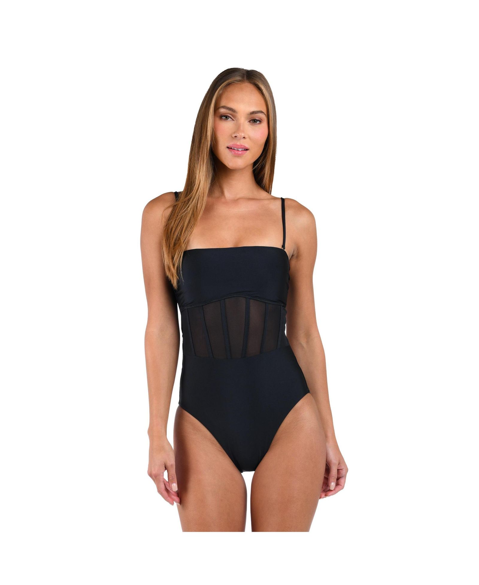 Sunshine 79 Women's SUNSHINE SOLIDS BANDEAU ONE PIECE WITH CORSET BIDNING OVER MESH AND LACING TIE BACK