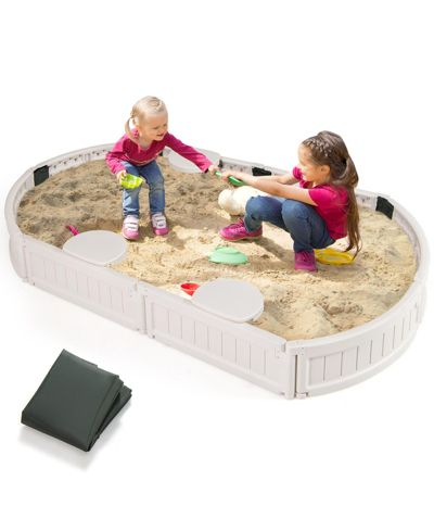 SKONYON 6 Feet Kids Oval Sandbox with Built-in Corner Seat and Bottom Liner