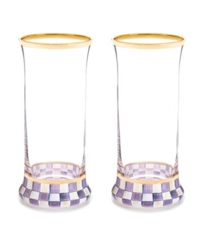 MacKenzie-Childs Violet Check Handmade Highball Glasses, Set of 2