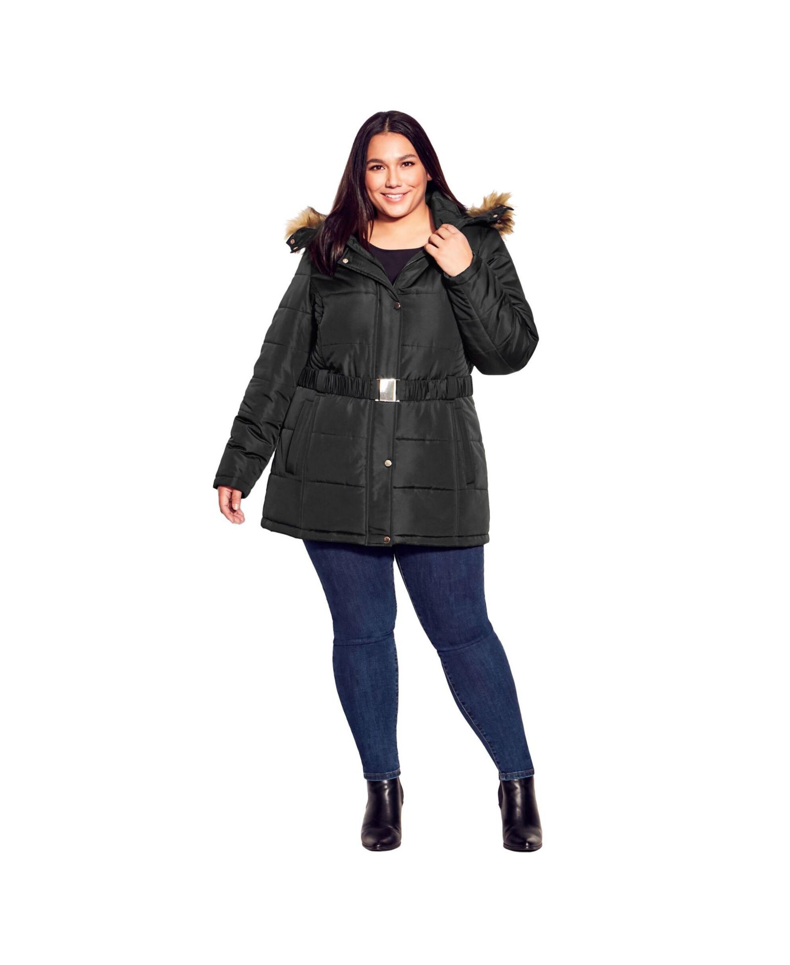 Avenue Women's Plus Size Belted Hood Puffer Coat