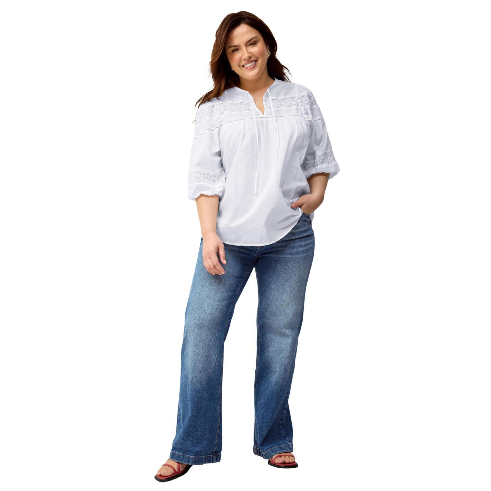 ellos Women's 100% Cotton A-Line Three-Quarter Sleeve Keyhole Neck Blouse With Crochet Trim