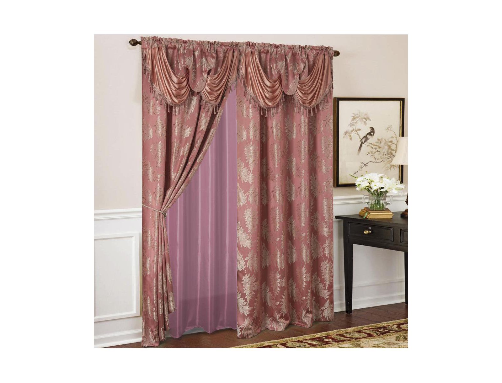 Olivia Gray Palm Floral Textured Jacquard 54 x 84 in. Single Rod Pocket Curtain Panel w/ Attached 18 in. Valance in Rose