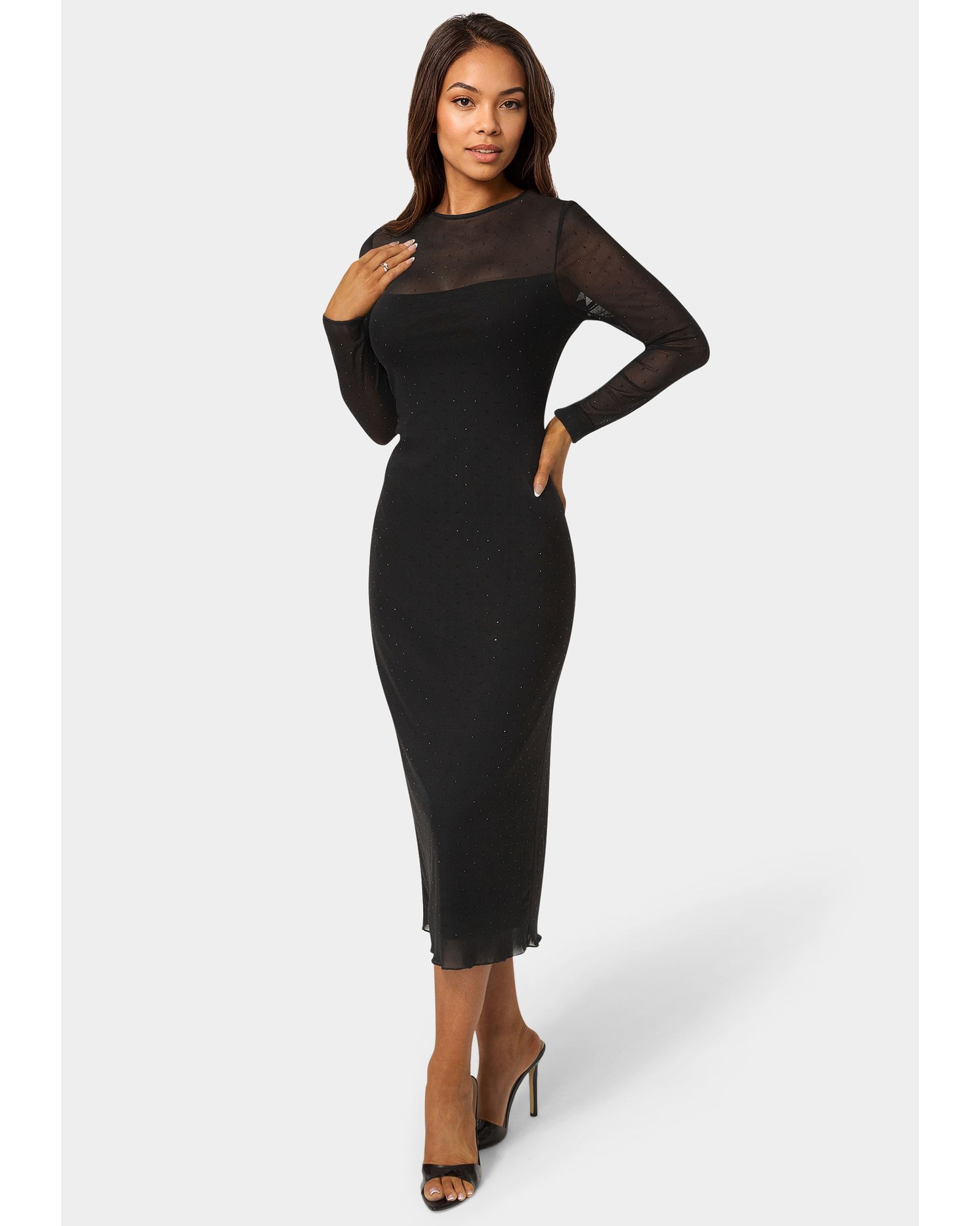 Bebe Women's Rhinestone Mesh Long Sleeve Maxi Dress