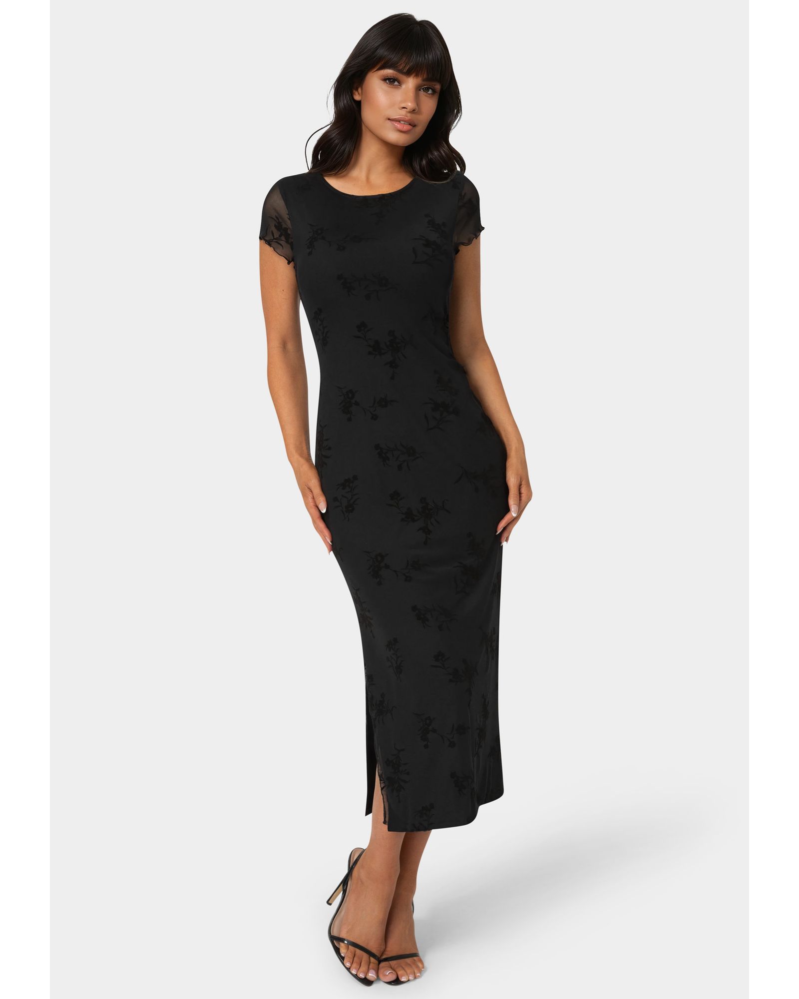 Bebe Women's Flocking Mesh T-Shirt Maxi Dress