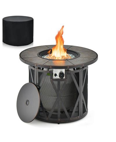 Mecale 32 Inch Patio Round Fire Pit Table, 30,000 BTU Propane Gas Fire Table with Fire Glasses and PVC Cover