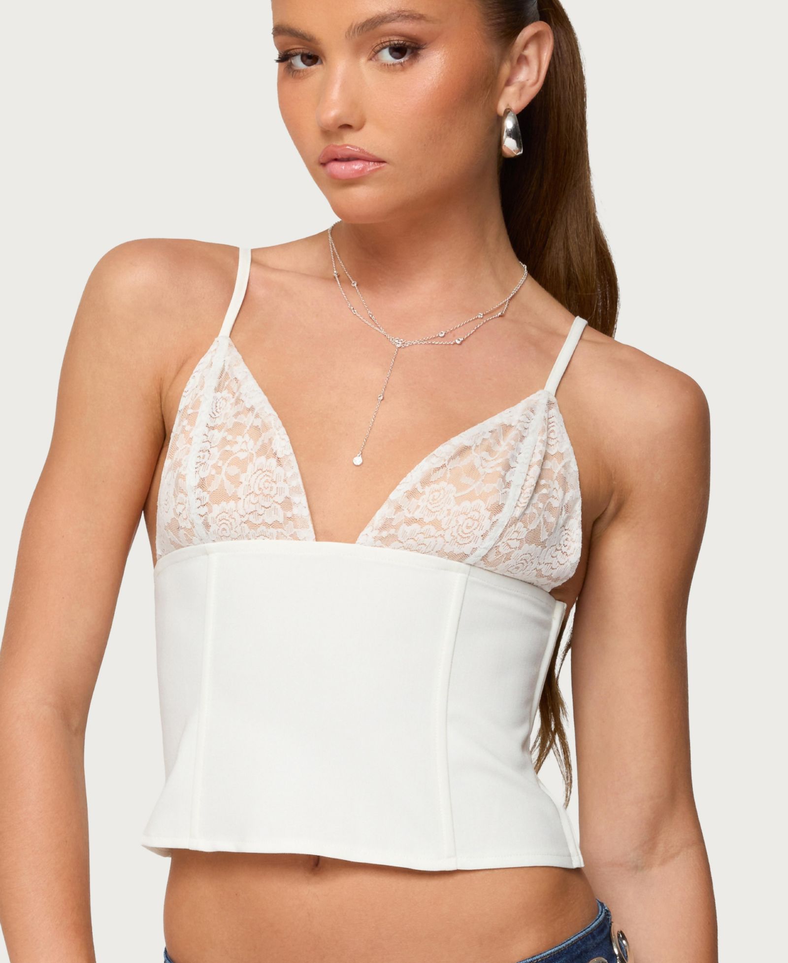 Edikted Women's Keesha Lacey Boned V Neck Top