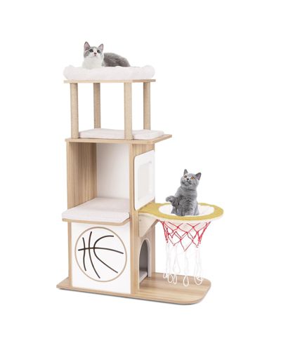 SKONYON 47 Inches Wooden Cat Tree with 2-Story Cat Condo and Basketball Hoop Hammock