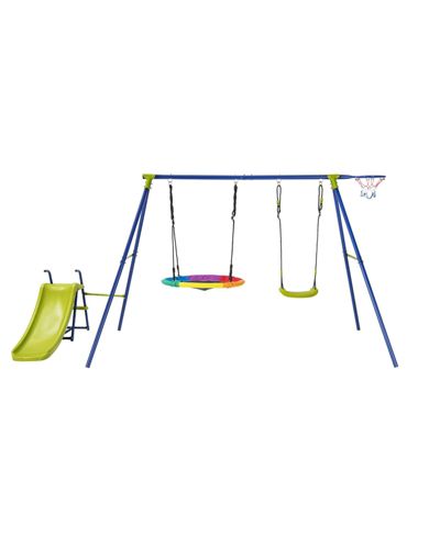 Skonyon 4-in-1 Adjustable Metal Playset with Slide, Basketball Hoop & Swings, Ages 3-12