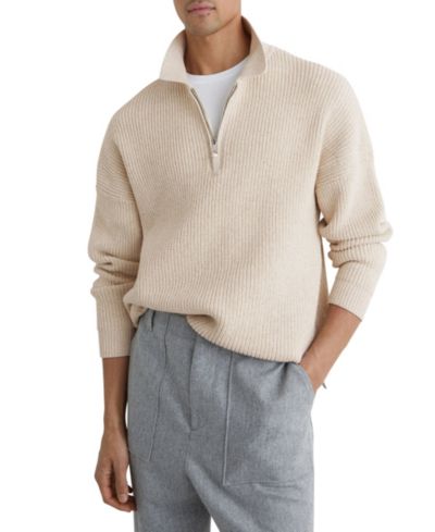 REISS Men's Prop Cotton-Blend Rib Half-Zip Polo Sweater
