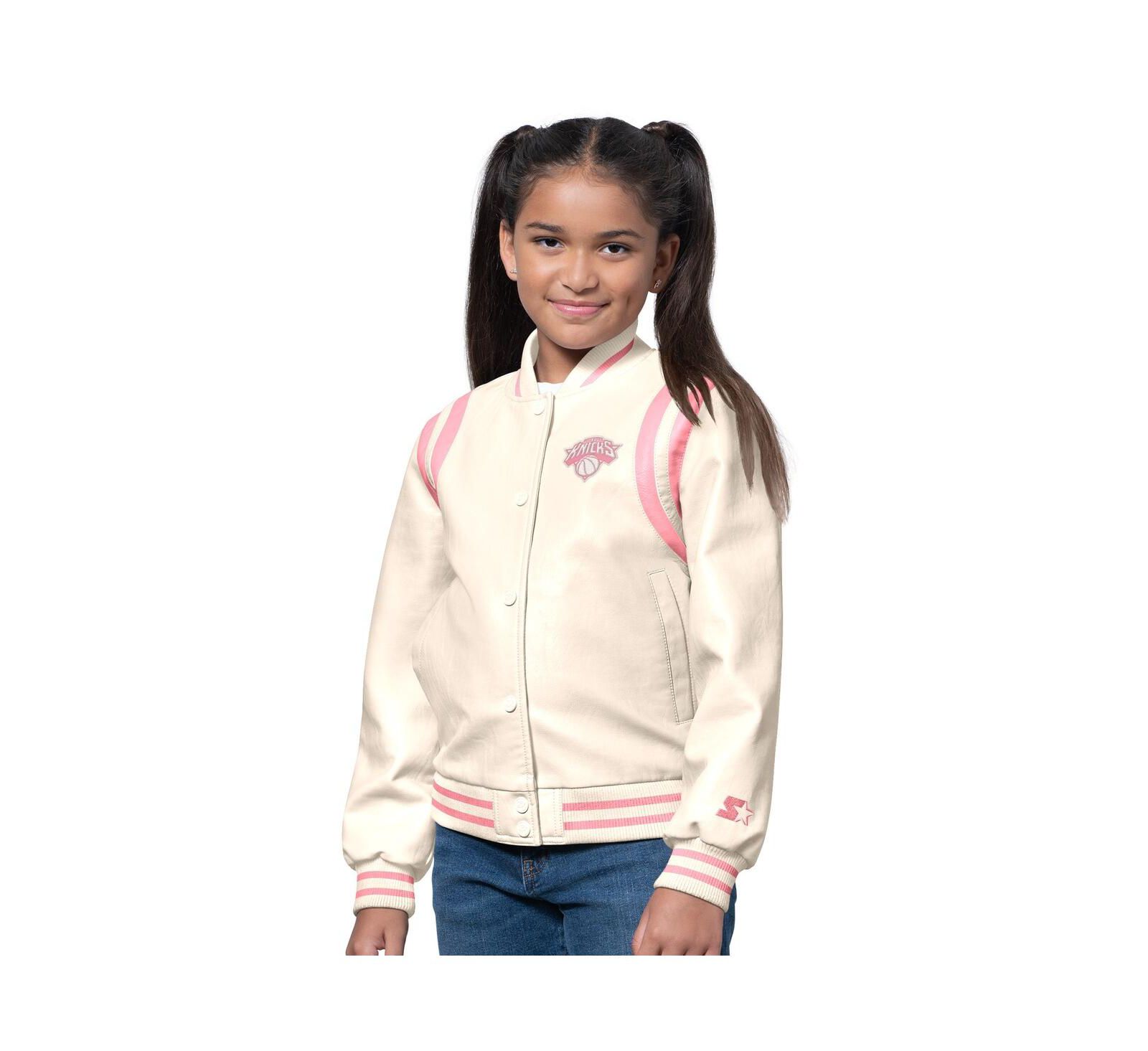 Starter Girls Cream/Pink New York Knicks Underdog Leather Varsity Jacket