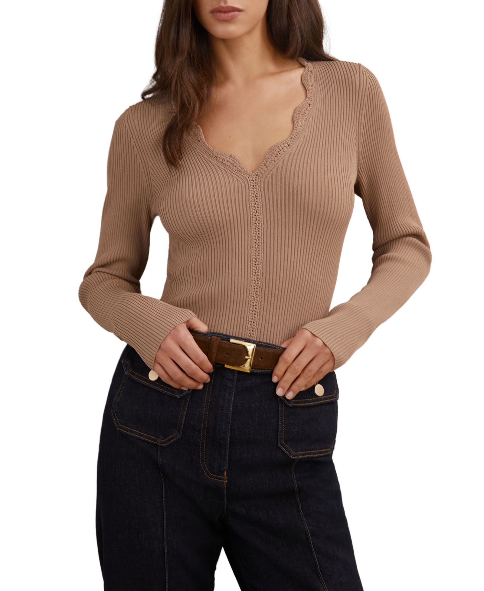 REISS Women's Lara Crochet-Trim Rib-Knit Top