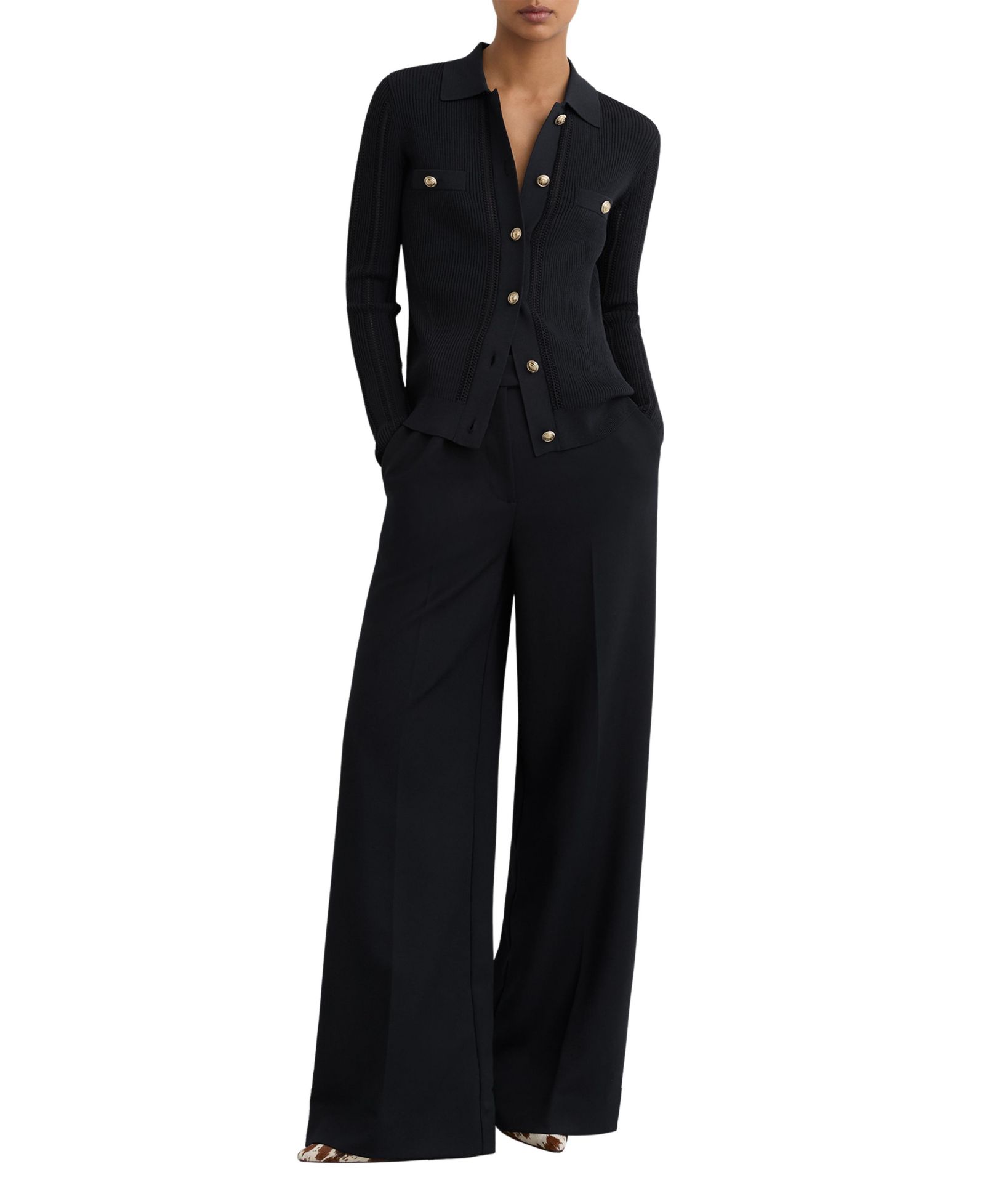 REISS Women's Harri Button-Through Knitted Top with Collar