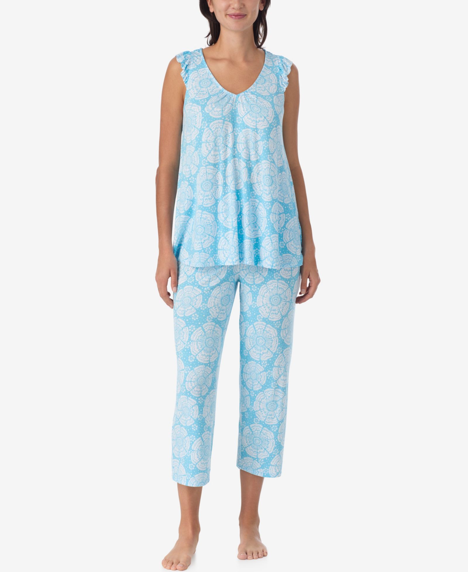 Ellen Tracy Women's Jersey Ruffle-Sleeve Top & Cropped Pants, 2-Piece Pajama Set
