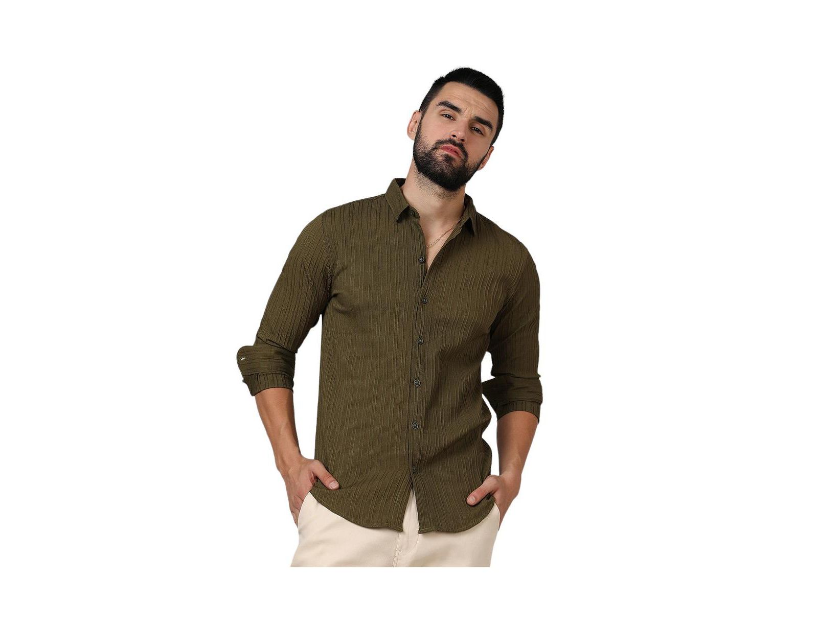 Campus Sutra Men's Olive Green Self-Design Striped Shirt