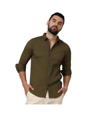 Campus Sutra Men's Olive Green Self-Design Striped Shirt